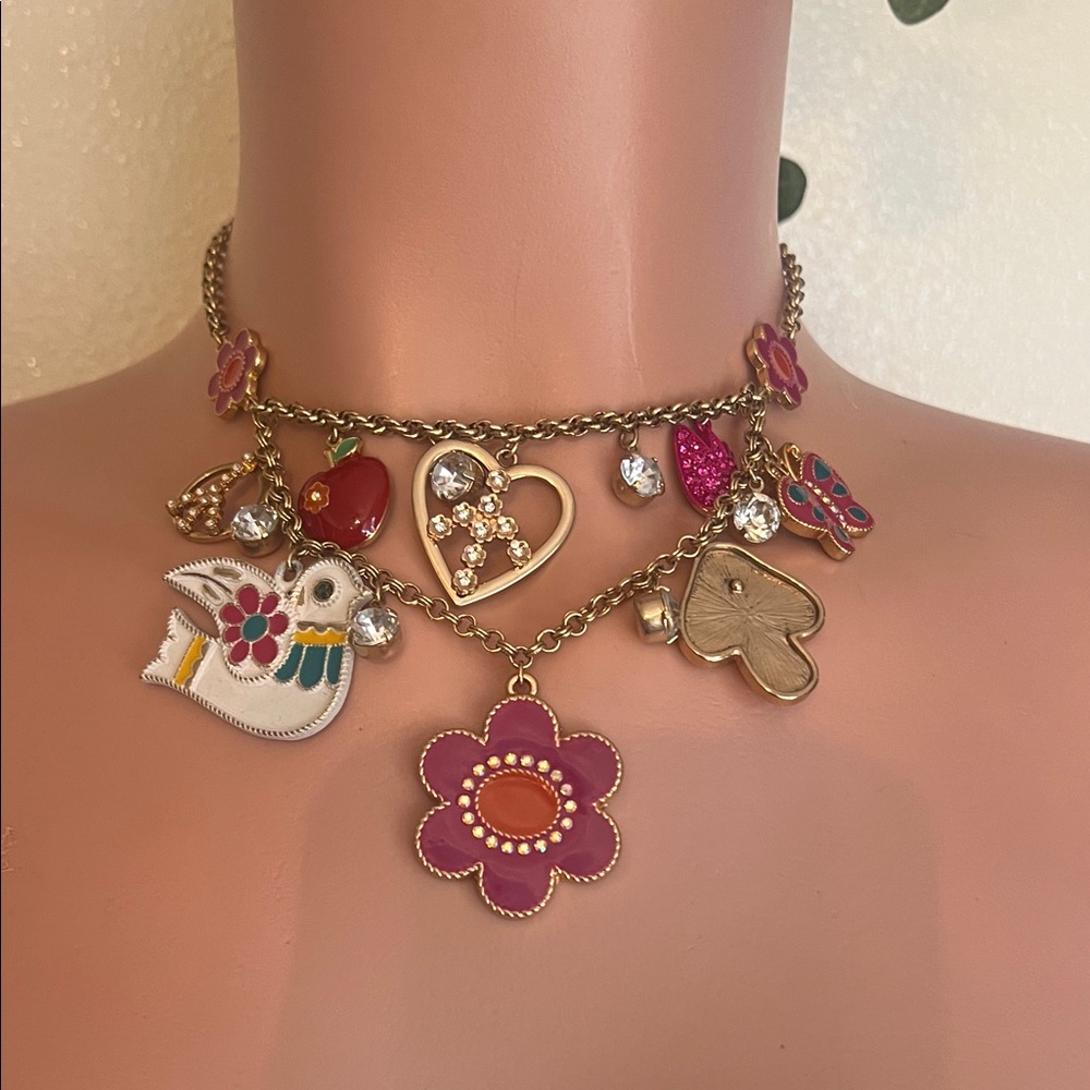 Betsey Johnson Gold-Tone Multicolor Enamel Charm Necklace with Pink Flower